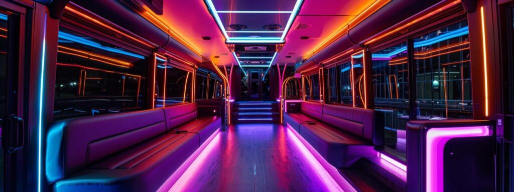 a vibrant, sleek party bus interior in dallas, adorned with customizable led lighting and a state-of-the-art sound system, showcases a stylish event setup perfect for an unforgettable celebration.